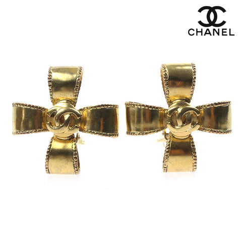 CHANEL COCO Mark Ribbon cloth Earring 97A gold eit0567P5199