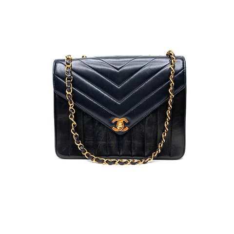 CHANEL V Stitch WChainShoulder 1986-1988 Umhängetasche Lammleder schwarz WS1699