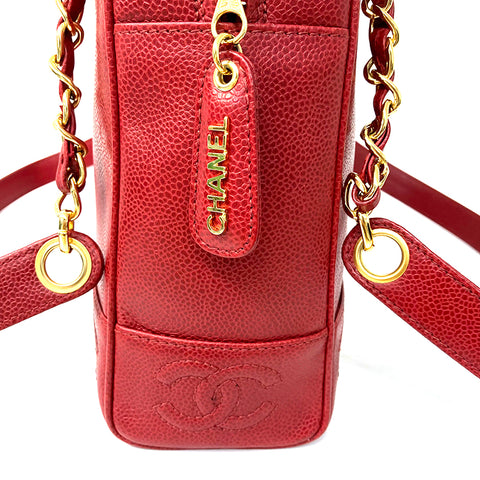 CHANEL Caviar Leather Triple Coco Chain No. 4 1990s 90s Gold Metal Shoulder Bag Red WS2100