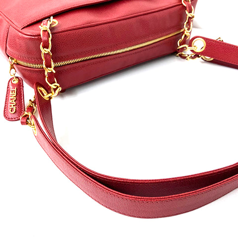 CHANEL Caviar Leather Triple Coco Chain No. 4 1990s 90s Gold Metal Shoulder Bag Red WS2100