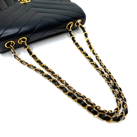 CHANEL V Stitch WChainShoulder 1986-1988 Umhängetasche Lammleder schwarz WS1699