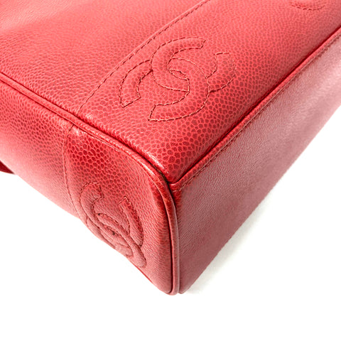 CHANEL Caviar Leather Triple Coco Chain No. 4 1990s 90s Gold Metal Shoulder Bag Red WS2100