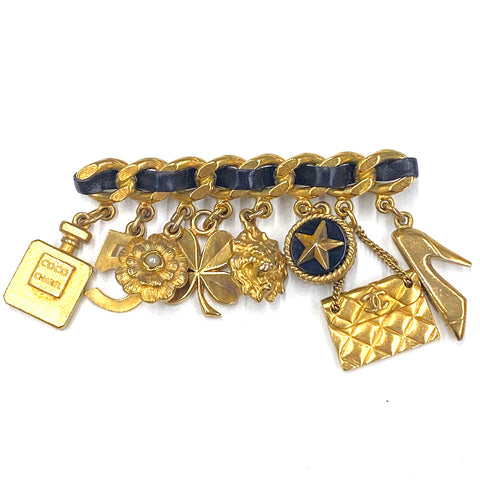 香奈儿图标魅力皮革图案1994 Brooch Gold Black Black WS2450