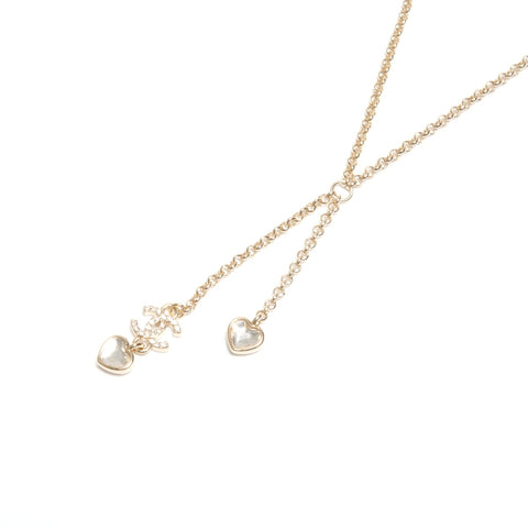 CHANEL Heart Metal Rhinestone CC Logo B25A Necklace gold KC007