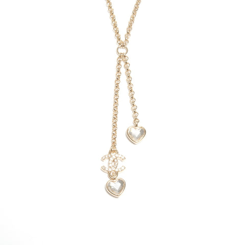 CHANEL Heart Metal Rhinestone CC Logo B25A Necklace gold KC007