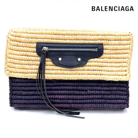 Balenciaga Raffia Rattan Clutch Bag Beige x Purple P11143