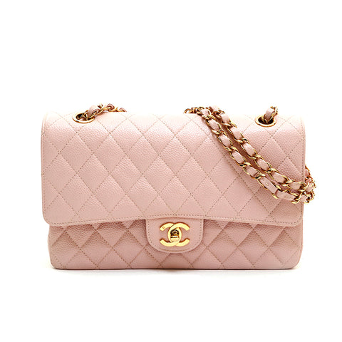 シャネル CHANEL キャビアスキン マトラッセ ダブルフラップ チェーン ショルダーバッグ ピンク P13428