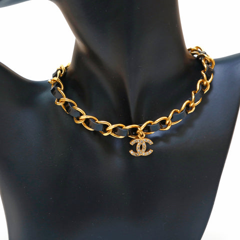 Chanel Coco Mark Rhinestone Patent Choker Gold x Black P13885