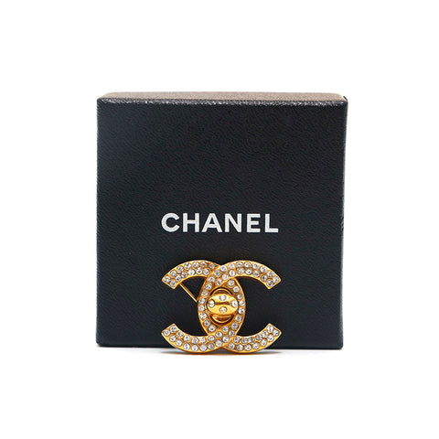 Chanel CHANEL Turn Lock Rhinestone Broach Gold P14318