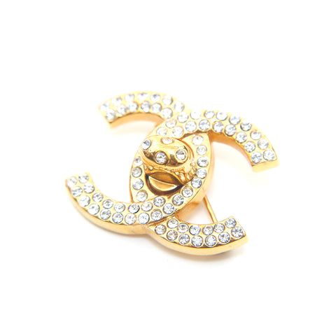 Chanel CHANEL Turn Lock Rhinestone Broach Gold P14318