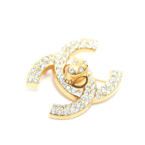 Chanel CHANEL Turn Lock Rhinestone Broach Gold P14318