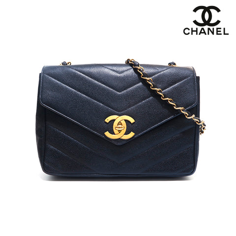 シャネル CHANEL キャビアスキン Vステッチ シェブロン チェーン  ショルダーバッグ ブラック P15996