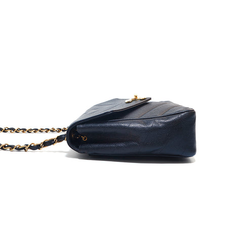 Chanel Caviar Skin V Stitch Chevron -Ketten -Umhängetasche Schwarz P15996