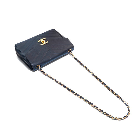Chanel Caviar Skin V Stitch Chevron -Ketten -Umhängetasche Schwarz P15996