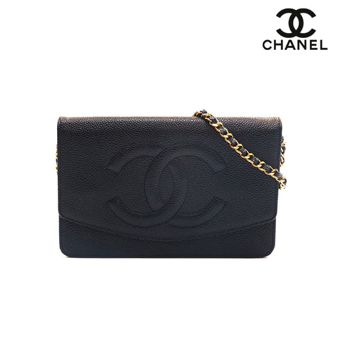 Chanel Caviar Skin Coco Mark Chain Wallet Shoulder Bag Leather Black P16098
