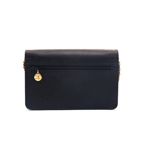 Chanel Caviar Skin Coco Mark Kette Wallet Bag Leder Black P16098