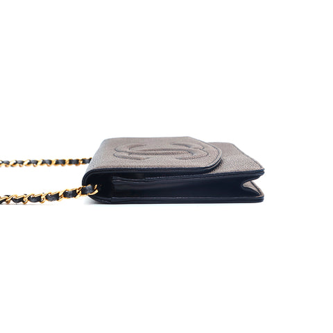 Chanel Caviar Skin Coco Mark Kette Wallet Bag Leder Black P16098
