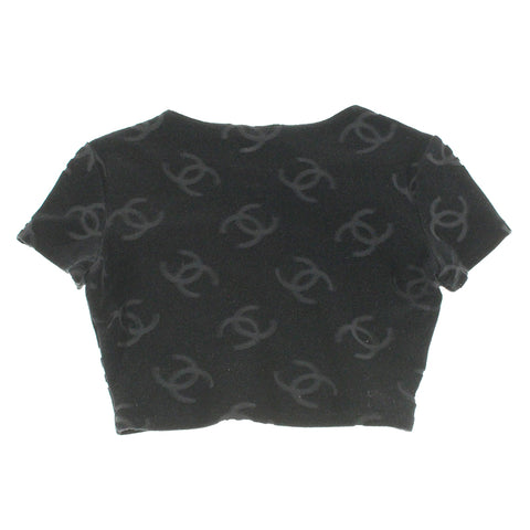 CHANEL COCO Mark Cropped Velvet Short Sleeve Vintage Short sleeve T-shirt black eit0233P4326