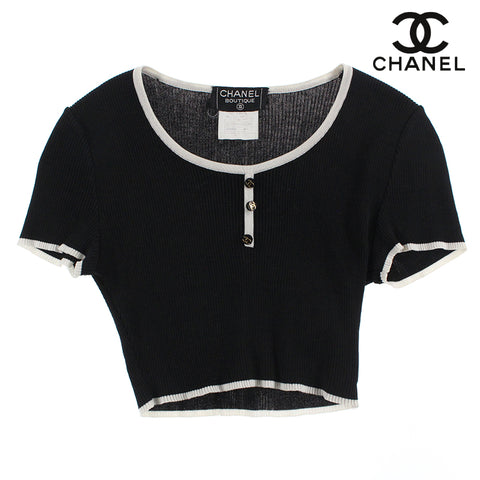 シャネル CHANEL ココボタン チビ丈 クロップド丈 リブ ニット 半袖Ｔシャツ 95P ブラック eit0418P4363