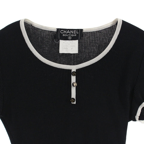 CHANEL シャネル ニット P54043 ミニリボン コンビネーション ローゲージ コットンブレンド ドット プルオーバー クルーネック ショートスリーブ 丸首 半袖 トップス レディース サイズ 38 アイボリー ホワイト ネイビー 白 紺 イタリア製 カール・ラガーフェルド期 CHANEL - CHANEL シャネル ニット P54043 ミニリボン コンビネーション