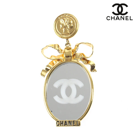 CHANEL COCO Mark Mirror Ribbon Vintage Brooch gold eit0012C2633