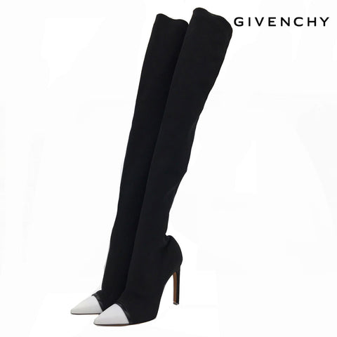 GIVENCHY ジバンシー 38 ミッドヒールロング ブーツ ジャージー レザー ブラック ホワイト eitm0077