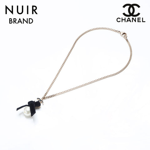 CHANEL 07C COCO Mark Ribbon Pearl Necklace gold WS10037