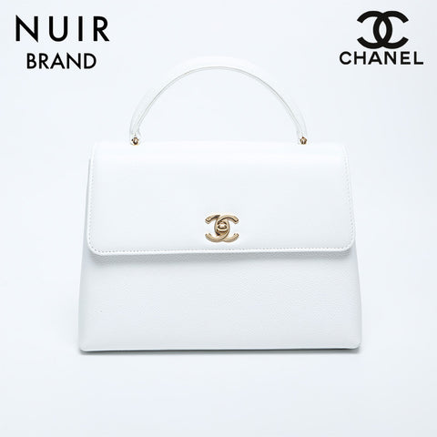 Chanel CHANEL No. 5 Coco Mark Top Handle Kelly Type Calfskin Handbag White WS10056