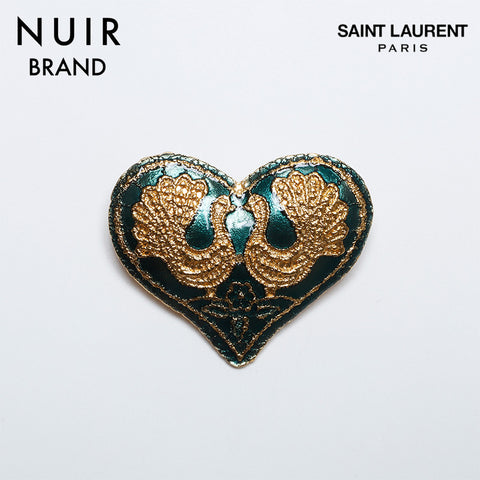 YVES SAINT LAURENT heart bird vintage Brooch Green gold WS10076