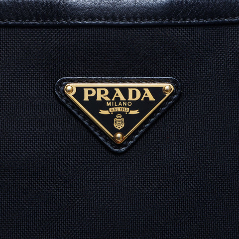 プラダ PRADA キャンバス ロゴ レザー 三角ロゴ金具 トートバッグ ブラック WS10166