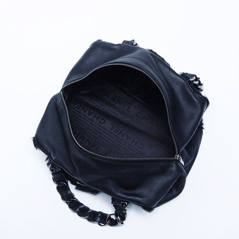 Chanel CHANEL No. 8 Leather Fur Boston Bag Black WS10201