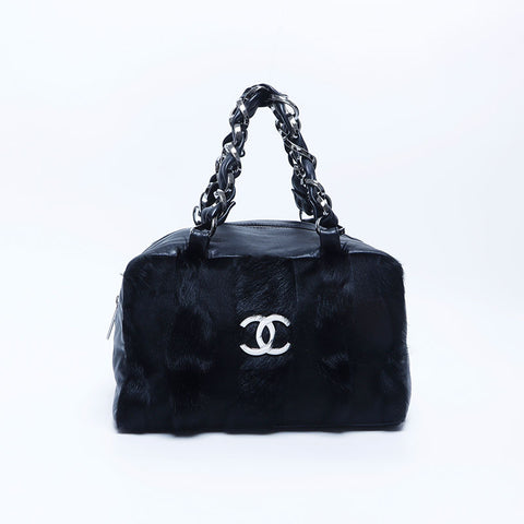 Chanel CHANEL No. 8 Leather Fur Boston Bag Black WS10201