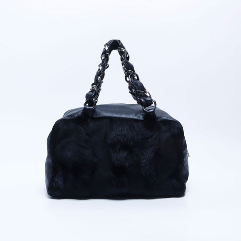 Chanel CHANEL No. 8 Leather Fur Boston Bag Black WS10201