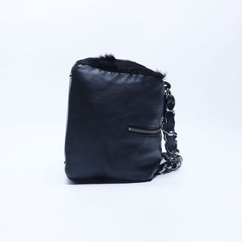 Chanel CHANEL No. 8 Leather Fur Boston Bag Black WS10201