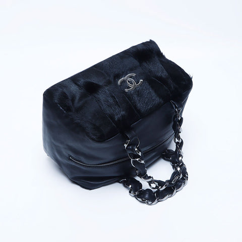 Chanel CHANEL No. 8 Leather Fur Boston Bag Black WS10201