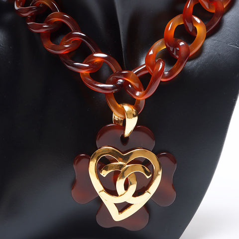 CHANEL Deca COCO Mark 95P Clover Necklace Brown WS10244
