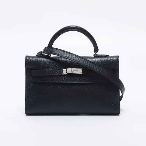 Hermes HERMES ◻︎O engraved Kelly 15 Silver hardware Tiny Handbag Black WS10306