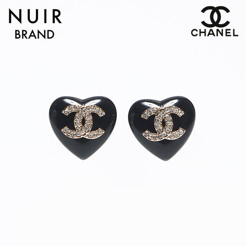 Chanel CHANEL 2022FW Coco Mark Heart Rhinestone Earrings Gold x Black WS10345