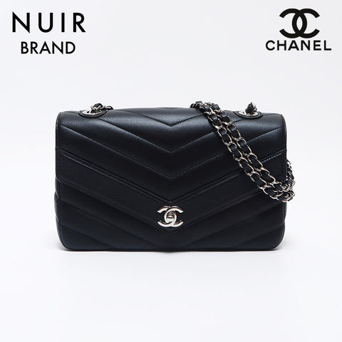 シャネル CHANEL 24番台 シェブロン ダブルチェーン カーフレザー シルバー金具 25cm ショルダーバッグ ブラック WS10404