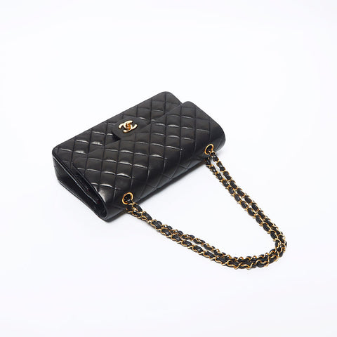 シャネル CHANEL 3番台 ラムスキン ダブルフラップ Wチェーン マトラッセ 25cm ショルダーバッグ ブラック WS10517