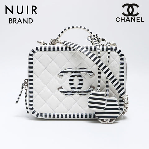 シャネル CHANEL 27番台 バニティ ボーダー ココマーク チェーン マリン キャビアスキン ショルダーバッグ ホワイト WS10696