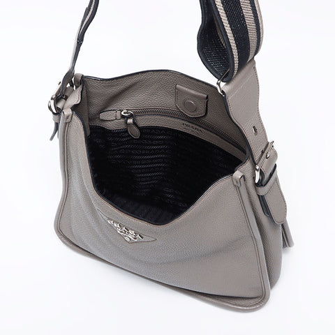 PRADA Triangle Logo Tag Leather Shoulder Bag Brown WS10719