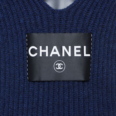 CHANEL 08C cashmere turtleneck 2008s logo patchwork Size:36 one piece Navy WS10761