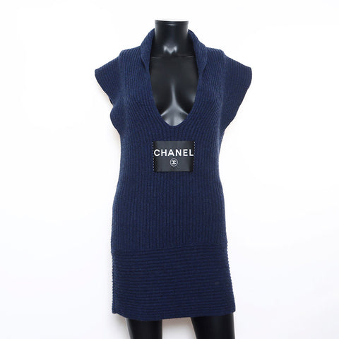 シャネル CHANEL 08C カシミア タートルネック 2008s ロゴ パッチワーク Size:36 ワンピース ネイビー WS10761