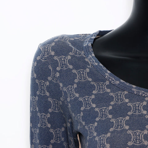 CELINE Macadam all-over print Size:L Cut and sew Long-sleeved T-shirt Navy WS10765