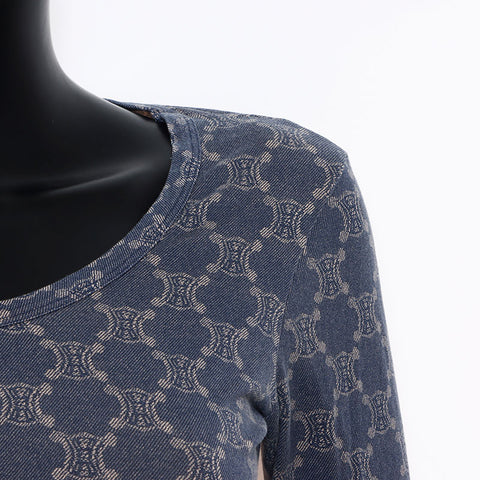 CELINE Macadam all-over print Size:L Cut and sew Long-sleeved T-shirt Navy WS10765