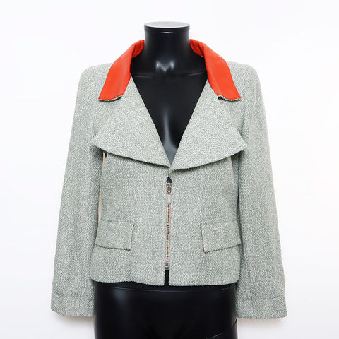Chanel Leather Tweed Zip-up Size:38 01P 2001s Jacket Green WS10800