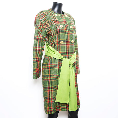 CELINE No collar Check Pattern Gold buttons Macadam buttons Check pattern coat green WS10819