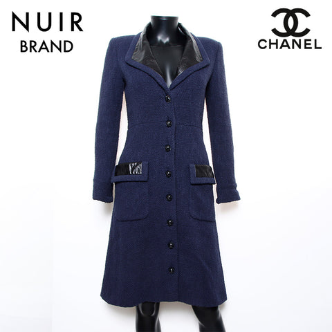 Chanel Size34 Cotton Long Coat P53436 Calfskin Coat Navy WS10914