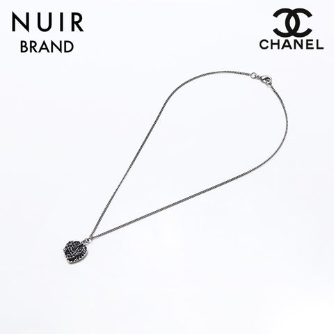 CHANEL 08P Rhinestone COCO Mark Heart 2008s Necklace Silver black WS10927